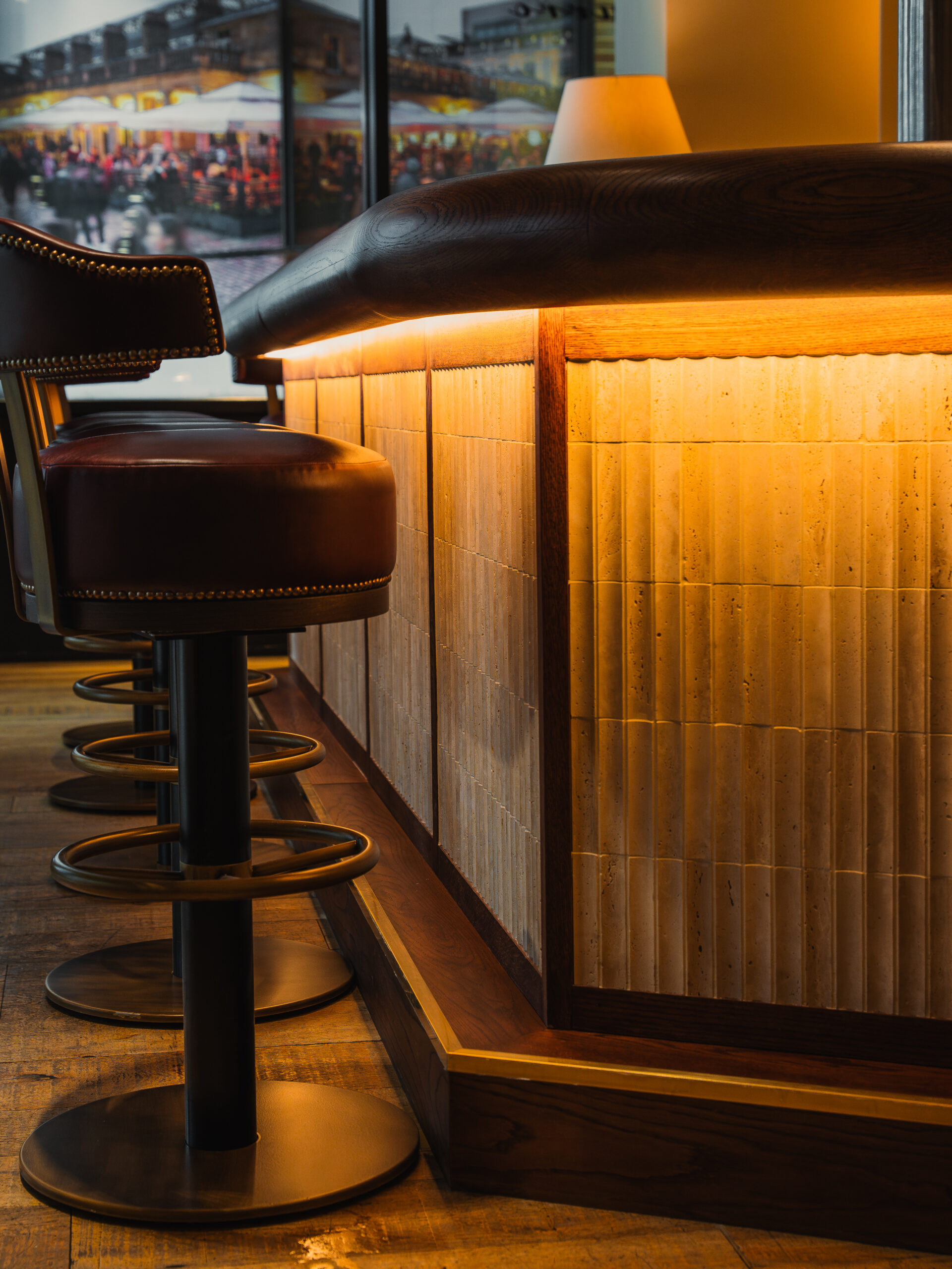 Burro Bespoke Bar. Rosso Levanto marble top. the front panelling has a subtle mosaic tile that adds a bit of texture.